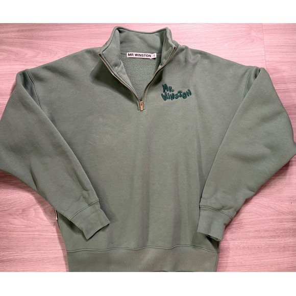 Mr Winston Tops - Mr Winston Sage Green Quarter Zip Sweatshirt Oversized Pullover Small